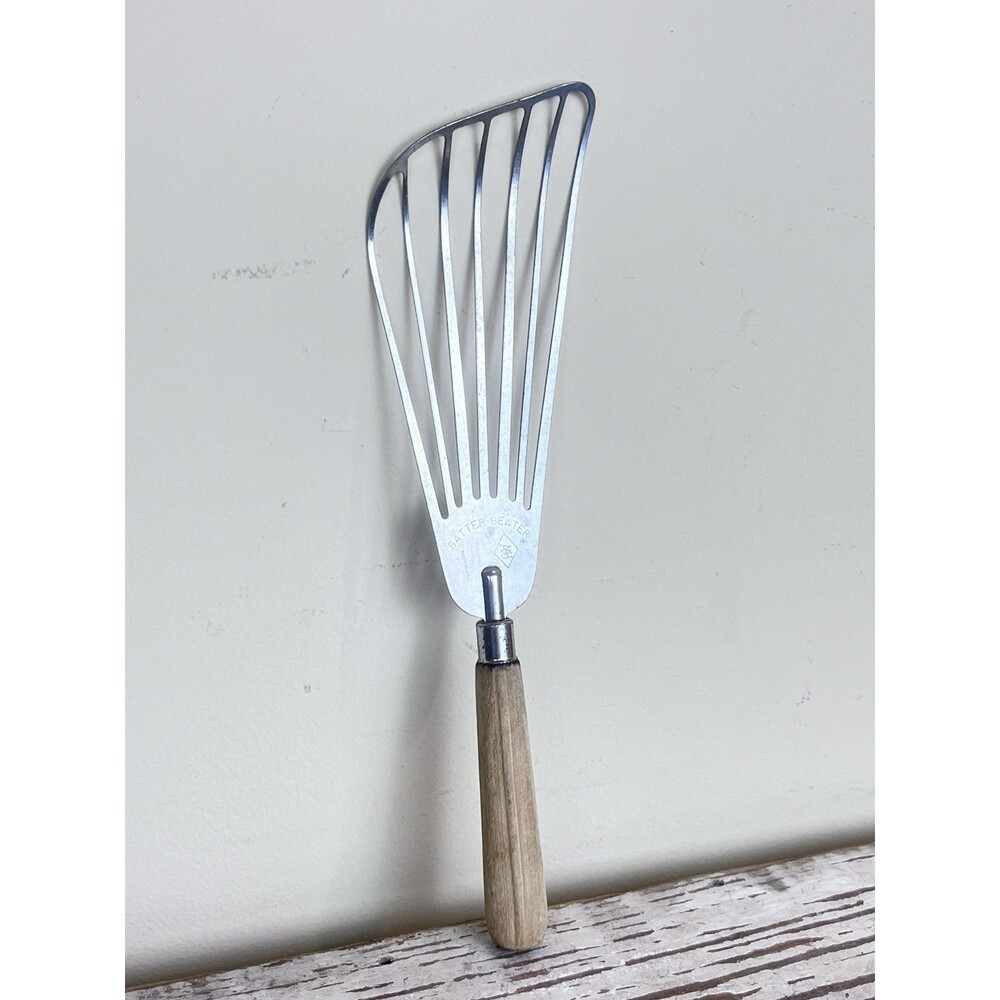 Vintage A&J Batter Beater Whisk Spatula Curved To Fit Bowl with Wood Handle